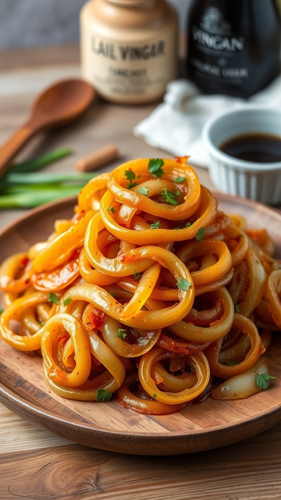 A plate of caramelized onions garnished with herbs, on a rustic wooden table.